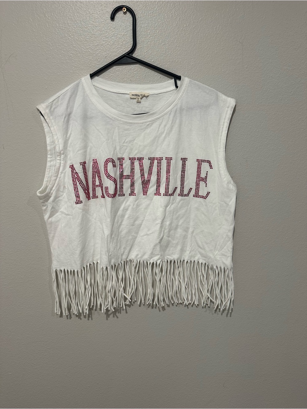 Main Strip White Fringe Tank with Pink Nashville Rhinestones